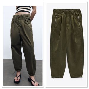 Zara Mid Rise Zippered Barrel Leg Relaxed Pants Sz:S Khaki